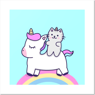 Cat riding a unicorn Posters and Art